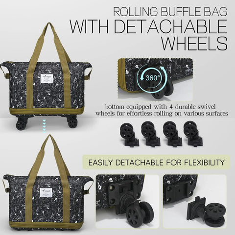 Rolling Duffel Bag With Wheels Expandable And Foldable Travel Carry On Luggage Big Rolling Backpack 210D Nylon Detachable Wheels