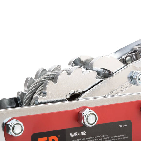 Close-up of gears and cable on Portable 4 Ton Dual Gear Power Puller All In One Lightweight Beast Under 10 Lbs With Sturdy Carry Case