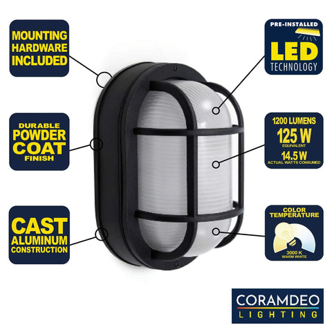 Outdoor 10 Point 6 Inch Oval LED Nautical Bulkhead Light Flush Mount Wall Or Ceiling Built Tough For Wet Locations with features.