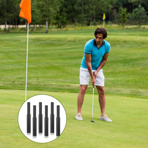 Golfer putting on green with inset of Six Pack Golf Club Shaft Extender Rods For Steel And Graphite Shafts Black Carbon Fiber Extension Sticks.