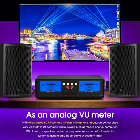 Dual VU Meter Microphone And Line Level Analog Sound Level Indicator, 4 Way Audio Switcher Box For Speaker Amplifier Preamp, Blue Version For Home Studio Setup black unit on desk with two speakers and TV
