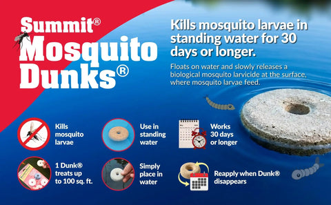 Organic Mosquito Dunk Larvicide Outdoor Pond And Bird Bath Bug Stopper floating in standing water demonstrating mosquito control.