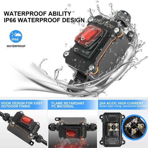Waterproof Inline Toggle Switch With Dual Outlet And Red Rocker Button Plus Indicator Light For Outdoor Use DPST AC DC 20A 125V