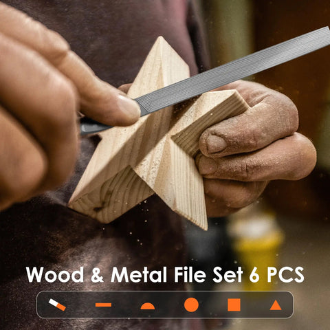 Craftsman using Six Piece Pro Grade Metal Needle File Set on wood, displaying file in detail and precision work application.