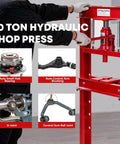 Built Like A Tank 20 Ton Hydraulic H Frame Shop Press with adjustable table and red frame shown in auto repair use.