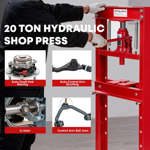 Heavy Duty Hydraulic H Frame Shop Press 20 Ton Manual Press Machine With Adjustable Worktable and Dual Stamping Plates for auto bearing repair.