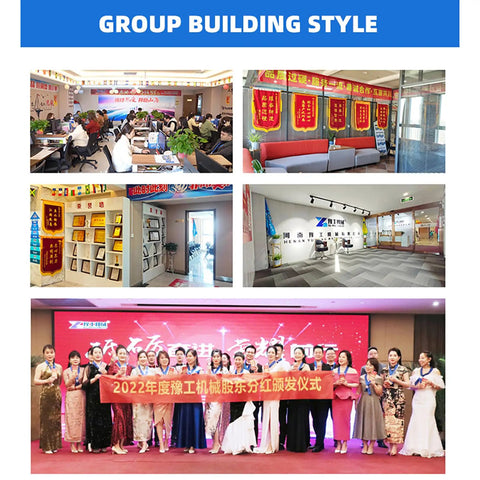 Group building style image showcasing various office environments and an award ceremony for a work team.