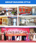 Group Building Style showcasing office environment, team activities, and celebration events with awards in a corporate setting.