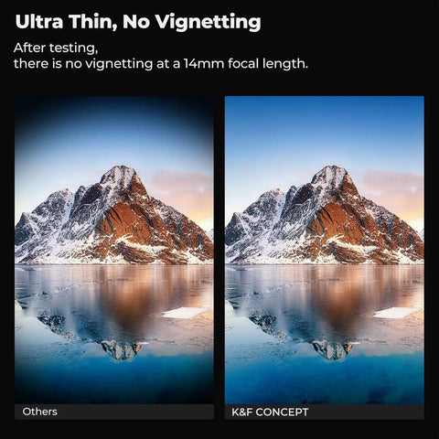 Comparison of mountain images showing no vignetting with 52mm UV Protection Filter With 18 Layer Multi Coatings Ultra Slim Design.