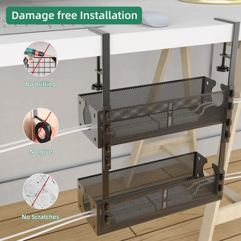 Two Pack Under Desk Cable Management Trays, Metal Wire Organizer Clamp Mount, shown attached under a desk without drilling.
