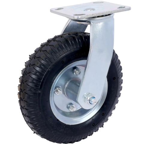 Two Pack 8-Inch Pneumatic Caster Wheels With Swivel Plate For Smooth Indoor Outdoor Use, Beefed-Up Steel Hub Ball Bearings, side view