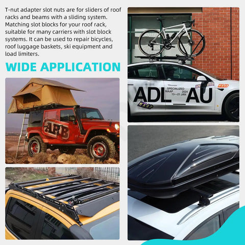 Cars with 24Pcs T Nut Adapter Kit M8 Slot Blocks for Roof Racks, bicycle on car roof, tent, and roof box visible