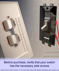 2 Pack LED Night Light For Single Pole Switches With Auto On Off Sensor shown with side screw installation requirement