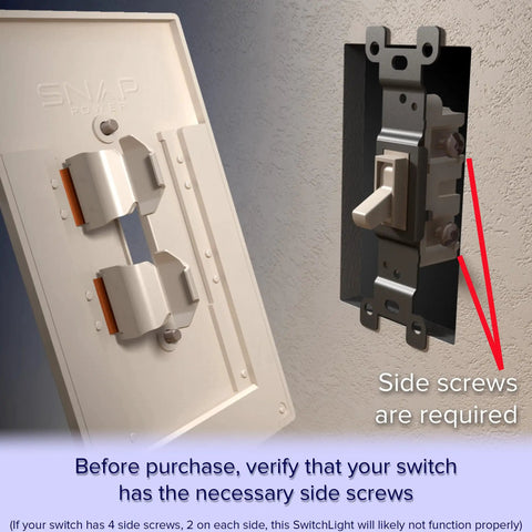 2 Pack LED Night Light For Single Pole Switches With Auto On Off Sensor shown with side screw installation requirement