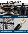 Industrial Farmhouse Ceiling Fan With Smooth Wood Blades Built In Light Wireless Remote Vintage Cage Design close-up of mesh details and light bulbs.
