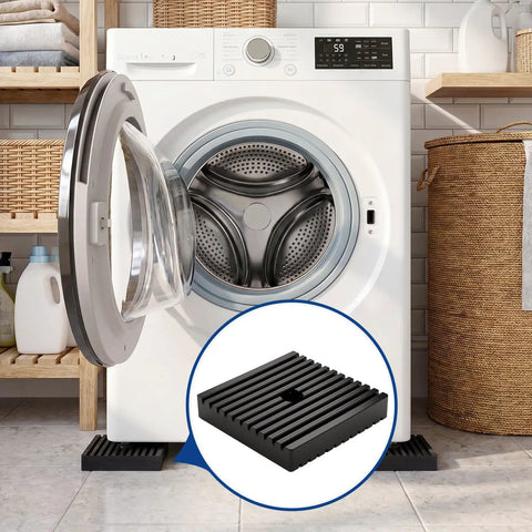 Straight Up Heavy Duty Rubber Shock Isolation Pads Eight Pack Four By Four By One Inch Vibration Dampening Blocks under washing machine.