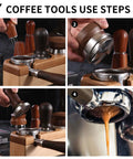 58.5mm Coffee Distributor With Walnut Wood Handle, Espresso Distribution Tool being used with Breville and Gaggia portafilters
