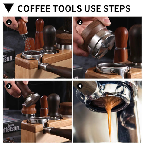 58.5mm Coffee Distributor With Walnut Wood Handle, Espresso Distribution Tool being used with Breville and Gaggia portafilters