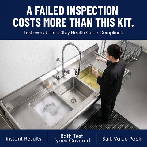 Dual Sanitizer Test Kit for Commercial Kitchens with 200 Strips, Quat 0-400PPM and Chlorine 0-200PPM, Pro-Grade Food Service Testing for Bars, Restaurants, and Cafes at stainless sink