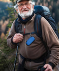 Elderly man hiking with Hard Travel Case For KardiaMobile EKG Monitors 1 Lead 6L 6L Max With Pill Box Carabiner Clip attached to backpack