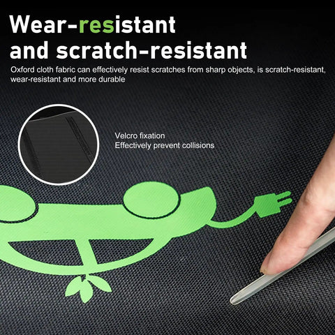 Slick Glide Zipper and Water Resistant Oxford Fabric of Portable Electric Vehicle Charger Cable Organizer Bag showing wear-resistant properties.