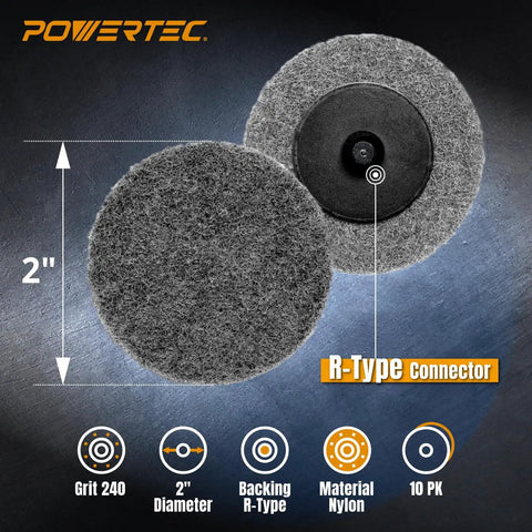 2 Inch Sanding Discs For Die Grinder And Drill 10 Pack 240 Grit Aluminum Oxide Nonwoven Nylon Pads, front and back view