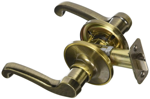 J Dexter Antique Brass Universal Passage Door Lever LaSalle Series Leverset for Interior Doors, brass finish, shown at an angle