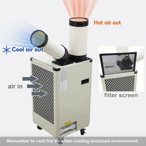 Built Tough 9180 BTU Industrial Spot Cooler And Portable Air Conditioner With High Airflow Single Outlet For Quick Chill Outdoor Tents Events Workshops 110V showing airflow directions and filter screen.