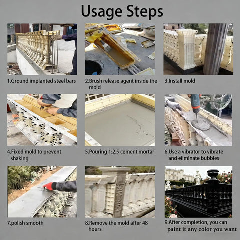 Nine-step guide showing installation and use of 105Cm Balcony Spacer Column Molds For 90Cm Railing Styles Round Bottle Square Lotus Chrysanthemum.