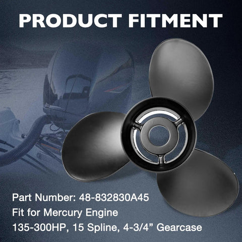 14.5 X 19 Pitch Aluminum Outboard Propeller With Flo Torq Hub Kit Included, 15 Spline, Right Hand Rotation shown from top