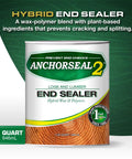 End Grain Sealer for Wood and Decks That Stops End Checks and Drying Splits, 1 Quart can on green and white background.