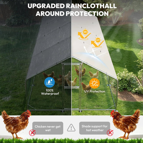 Extra Large Metal Chicken Run For Yard With Feeding Door And Walk In Design highlighting UV cover and rain protection features