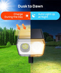 Outdoor Solar Spot Lights 12 LED IP67 Waterproof Dusk To Dawn Landscape Spotlights Auto On Off in garden, day and night view.