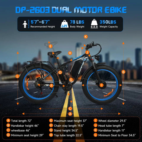Beast Mode 3000W Dual Motor Electric Bike With 48V 25Ah Removable Battery, 35 MPH, 26 inch by 4.0 fat tires specs chart