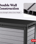 Close-up of Massive 150 Gallon Resin Deck Box With Double Wall 20mm Panels in Grey and Black, highlighting double wall construction.
