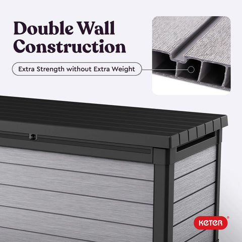 Close-up of Massive 150 Gallon Resin Deck Box With Double Wall 20mm Panels in Grey and Black, highlighting double wall construction.