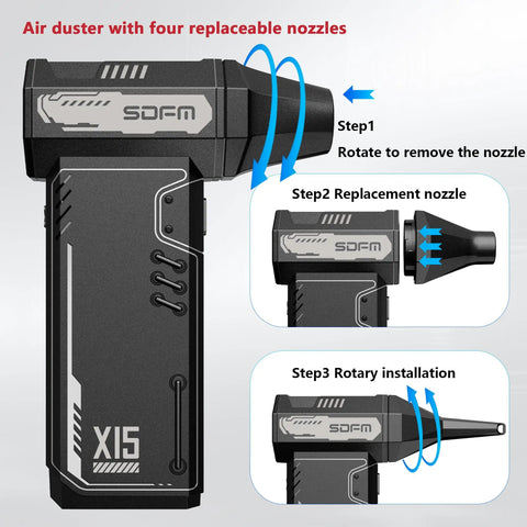 Cordless Air Duster Turbo Power 180,000 RPM With Brushless Motor, 3 Gear Adjustable Speed And Nozzle Kit shown with 4 nozzles