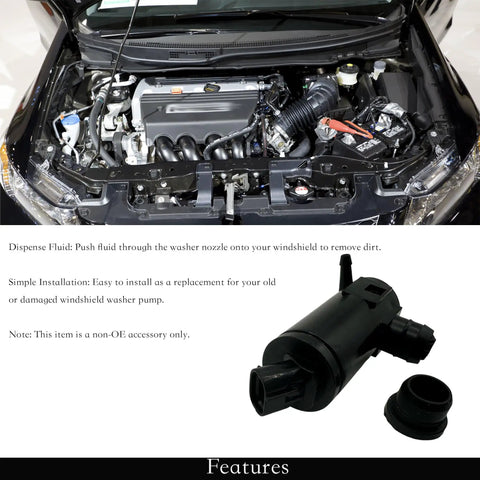 Windshield Washer Pump Motor For Honda Civic And Honda Insight Replacement 76806 TBA A01 with Grommet shown in engine bay and product details