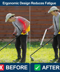 Comparison of lawn trimming with and without the Upgraded Weed Eater Handle Extension For Ergonomic Back Saver And Tall People Universal String Trimmer Handle Grip For Easy Yard Trimming And Edging Patented Design.