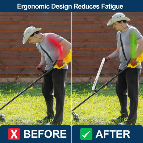 Comparison of lawn trimming with and without the Upgraded Weed Eater Handle Extension For Ergonomic Back Saver And Tall People Universal String Trimmer Handle Grip For Easy Yard Trimming And Edging Patented Design.