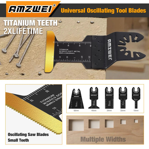 AMZWEI titanium teeth oscillating tool blade kit; quick-release blades in 68mm, 44mm, 34mm, 20mm, 10mm