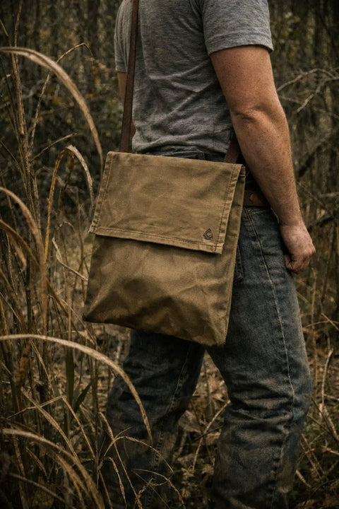 Man outdoors wearing Waxed Canvas Haversack With Adjustable Strap for Outdoor Adventures 11 by 14 Inches Fits From Small to 5XL Rugged Day Hiking Bag Rustic Frontier Era Style Satchel for Gear