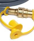 Close-up of 12 Foot Three Eighths Inch ID Natural Gas Hose With Quick Connect Low Pressure LPG Hose brass connector and yellow cap