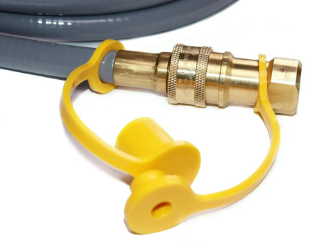 Close-up of 12 Foot Three Eighths Inch ID Natural Gas Hose With Quick Connect Low Pressure LPG Hose brass connector and yellow cap