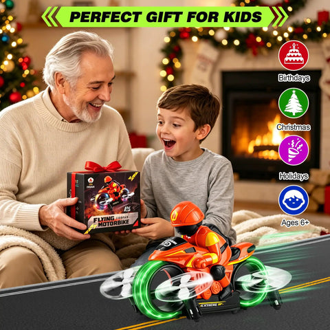 Grandparent and child with gift box featuring Ground And Air RC Motorbike Toy For Kids And Adults 2 In 1 Remote Control Vehicle in festive setting