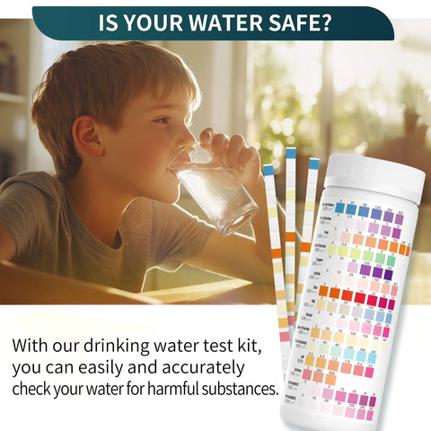 A boy drinking water while holding a glass, with Twenty In One Drinking Water Test Strips Fast Home Analysis For Ph Hardness Lead Iron Copper Chlorine And Bacteria in focus.