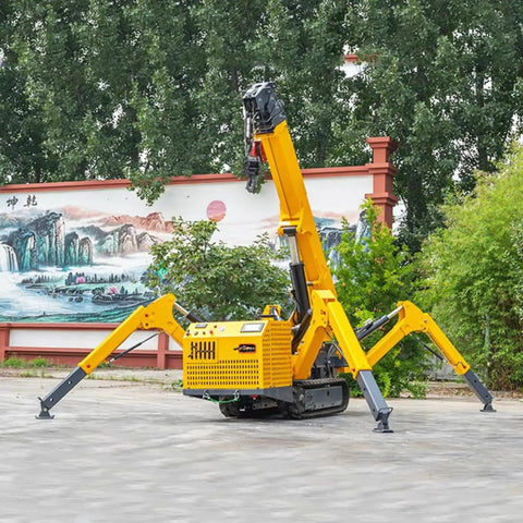 Compact 3 Ton Hydraulic Crawler Crane With Slick 360 Spin And Electric Hoist Built Solid For Tight Spaces Quick Construction Prep And Heavy Daily Lifting Chops in bright yellow, positioned outdoors.