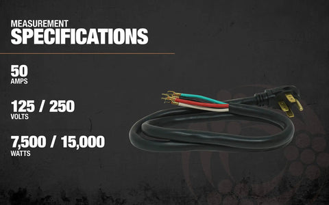 Heavy Duty 50 Amp Range Power Cord With Four Prong Flat Plug, Four Feet, One Quarter Inch Flanged Terminals coiled with specs