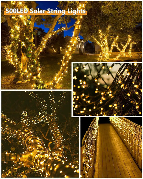 2Pack 500LED Solar String Lights Outdoor Waterproof 180FT With 8 Modes IP65 Warm White Twinkle decorating trees and path