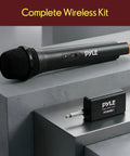 VHF Cordless Wireless Microphone System For Karaoke Nights DJ Parties And PA Use with battery-powered mic and receiver in black.